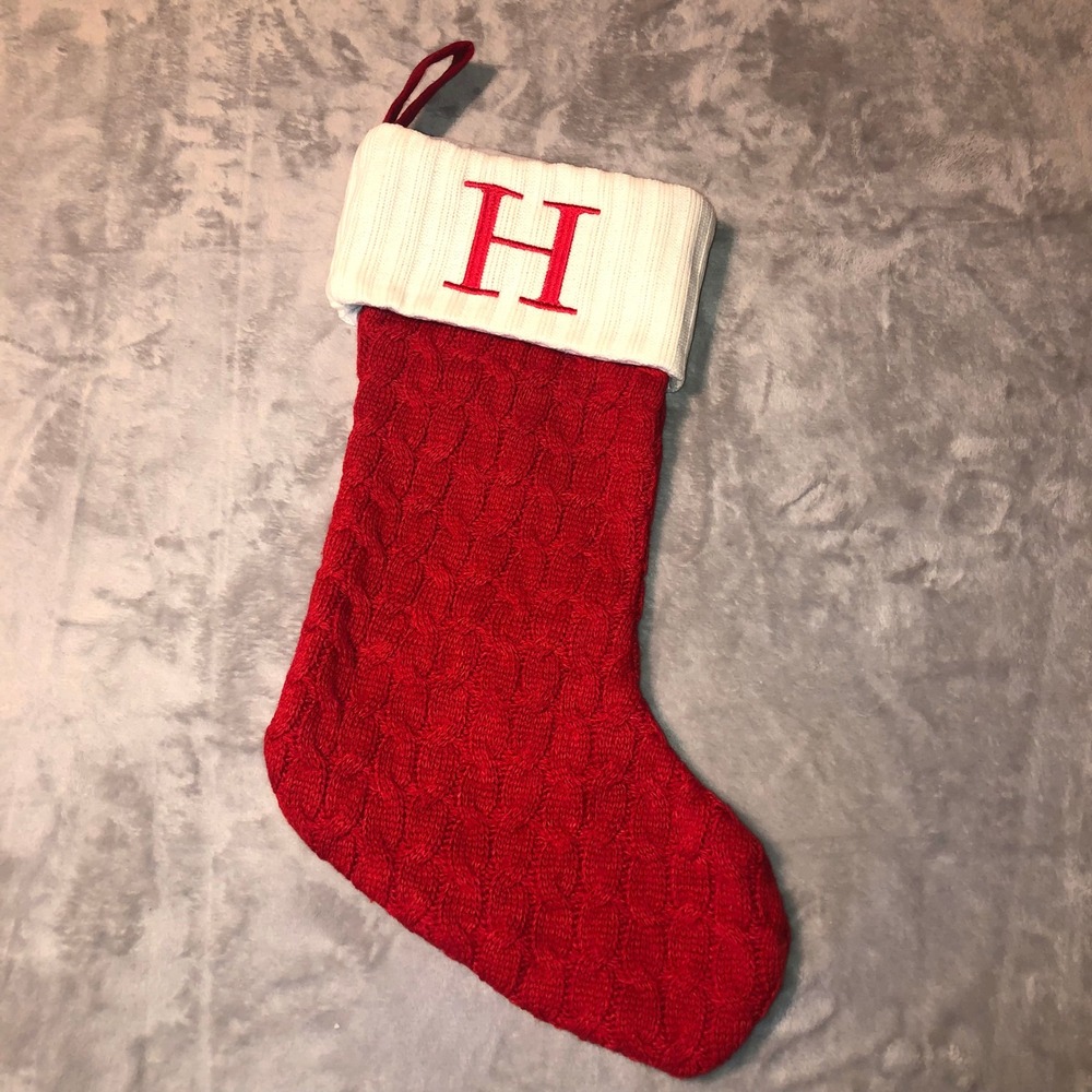 Red Cable Knit Christmas Stocking Initial H Monogram White Cuff Holiday 20" New